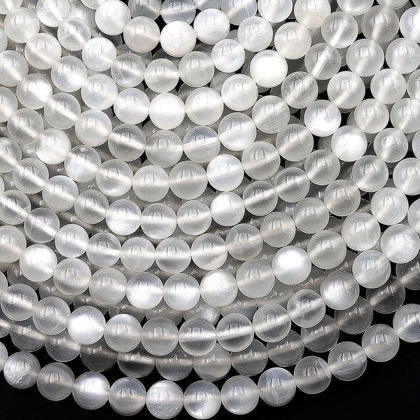 AAA+ Chatoyant Translucent Natural Silvery White Moonstone 4mm 6mm 8mm Round Beads 15.5" Strand