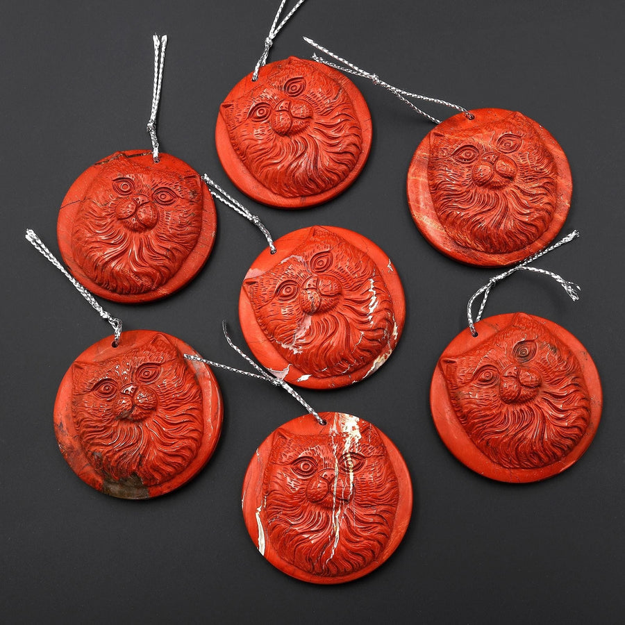 Hand Carved Natural Red Jasper Cat Pendant Gemstone Focal Bead