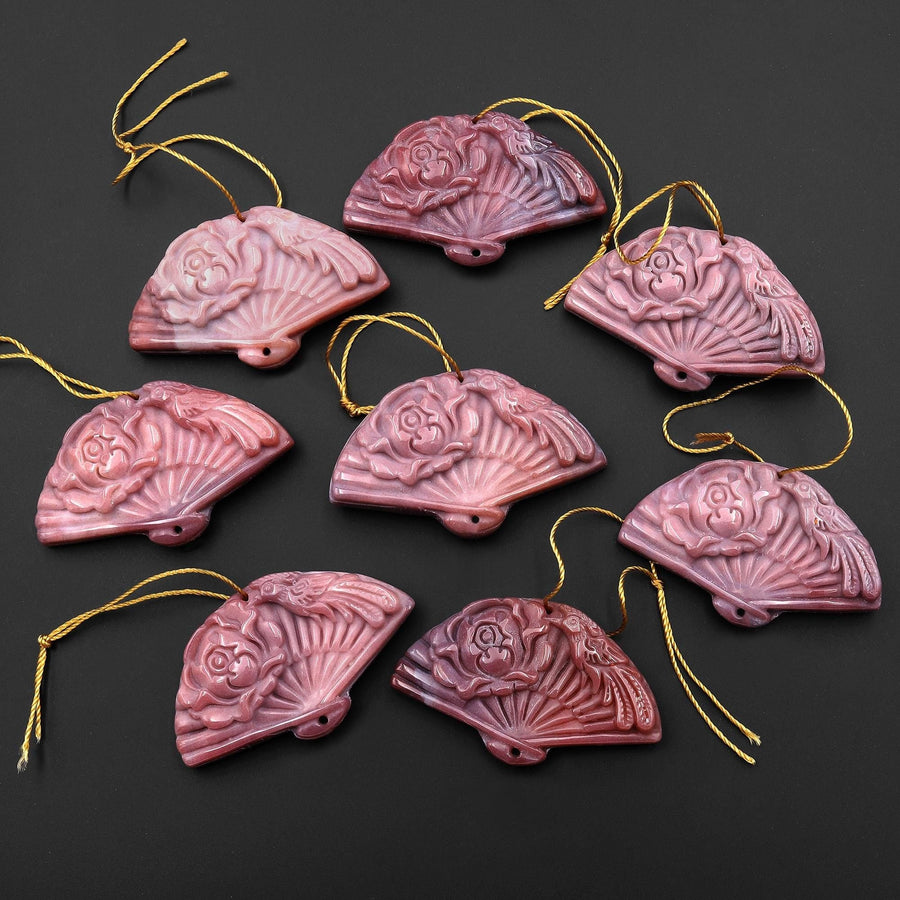 Hand Carved Natural Mauve Pink Indian Agate Gemstone Flower Fan Pendant
