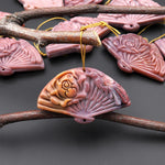 Hand Carved Natural Mauve Pink Indian Agate Gemstone Flower Fan Pendant