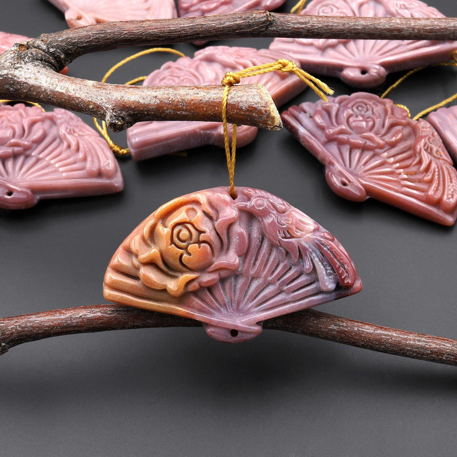 Hand Carved Natural Mauve Pink Indian Agate Gemstone Flower Fan Pendant
