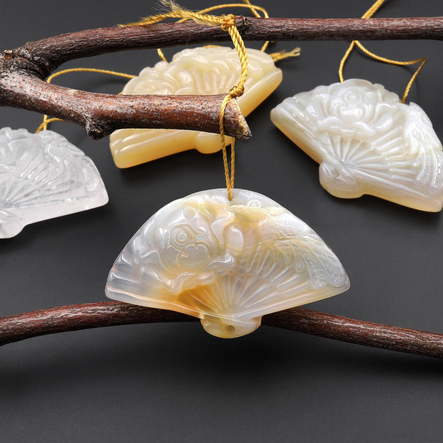 Hand Made Natural Translucent Yellow Agate Gemstone Flower Fan Pendant