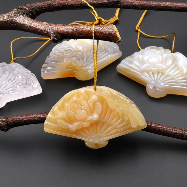 Hand Made Natural Translucent Yellow Agate Gemstone Flower Fan Pendant