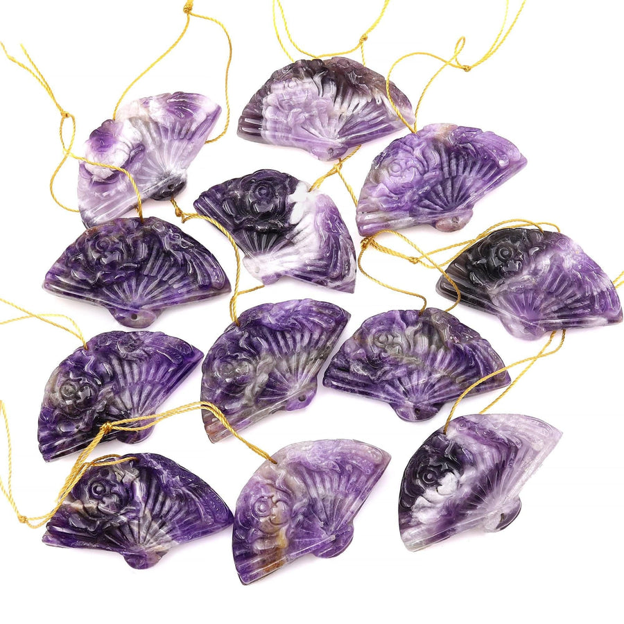 Hand Carved Natural Purple Amethyst Gemstone Flower Fan Pendant