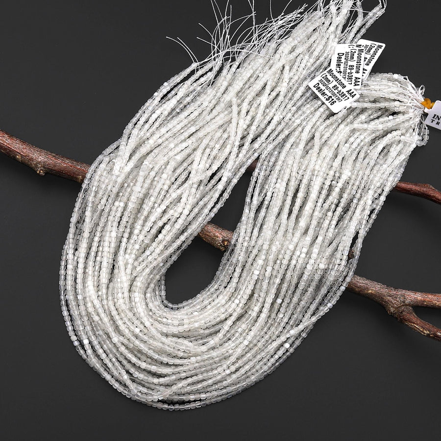 AAA Natural Creamy White Moonstone Faceted 2mm Cube Beads 15.5" Strand