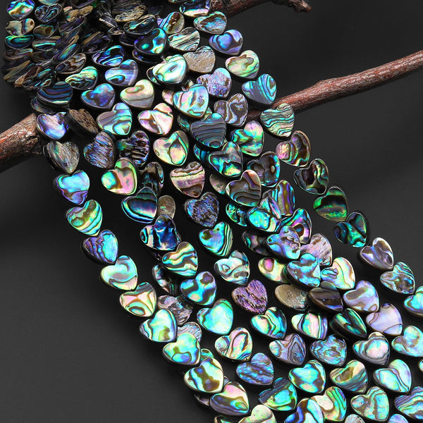 AAA Genuine Abalone Shell 10mm Heart Beads Iridescent Rainbow flashes 15.5" Strand