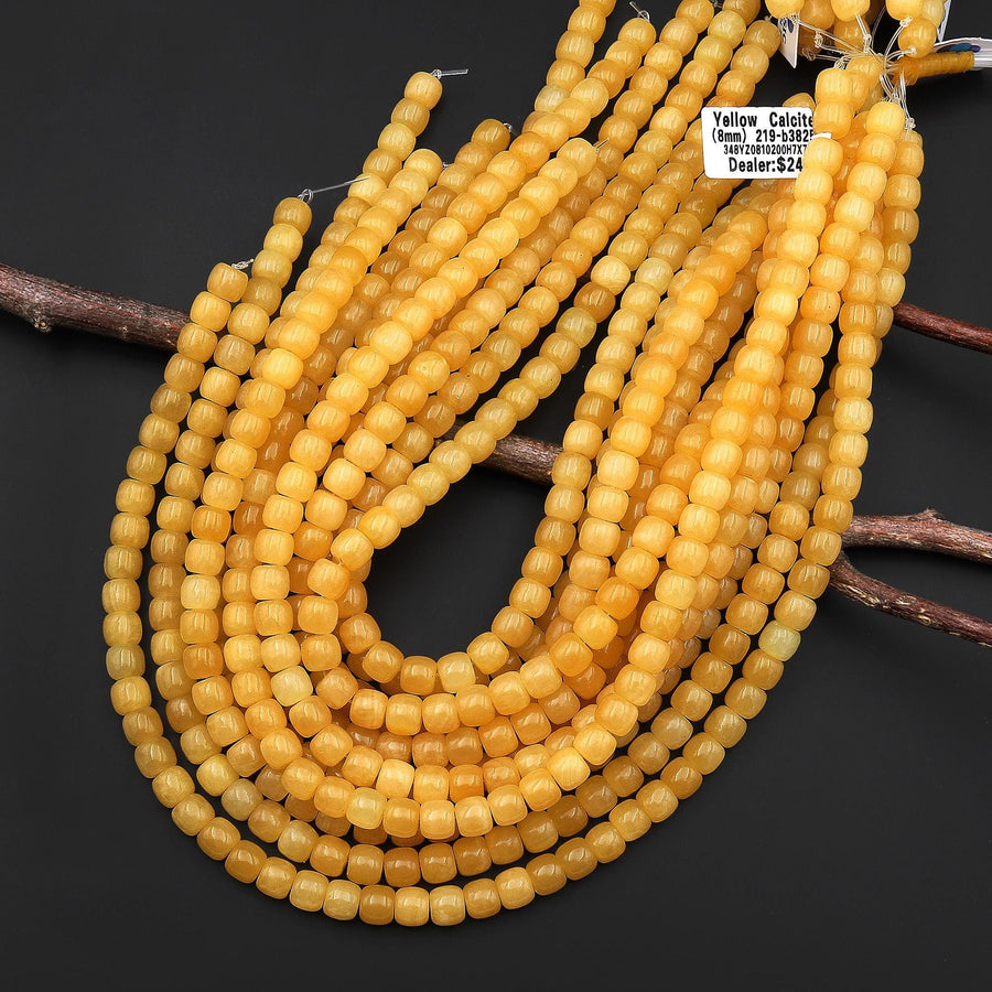 Natural Golden Honey Yellow Calcite 8mm Rounded Barrel Beads 15.5" Strand