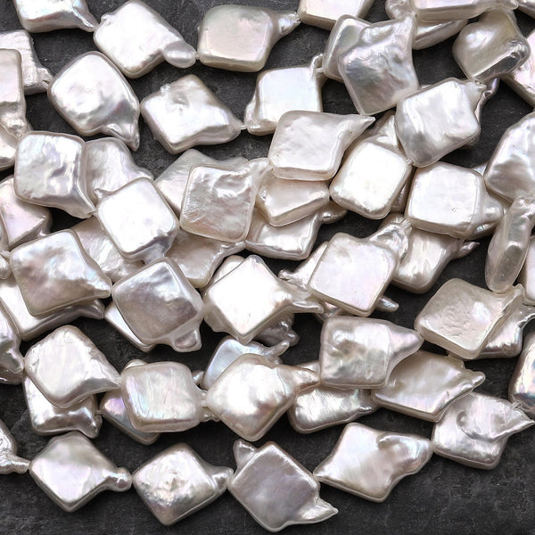 Natural White Irregular Freeform Square Diagonally Drilled Freshwater Pearl 16" Strand