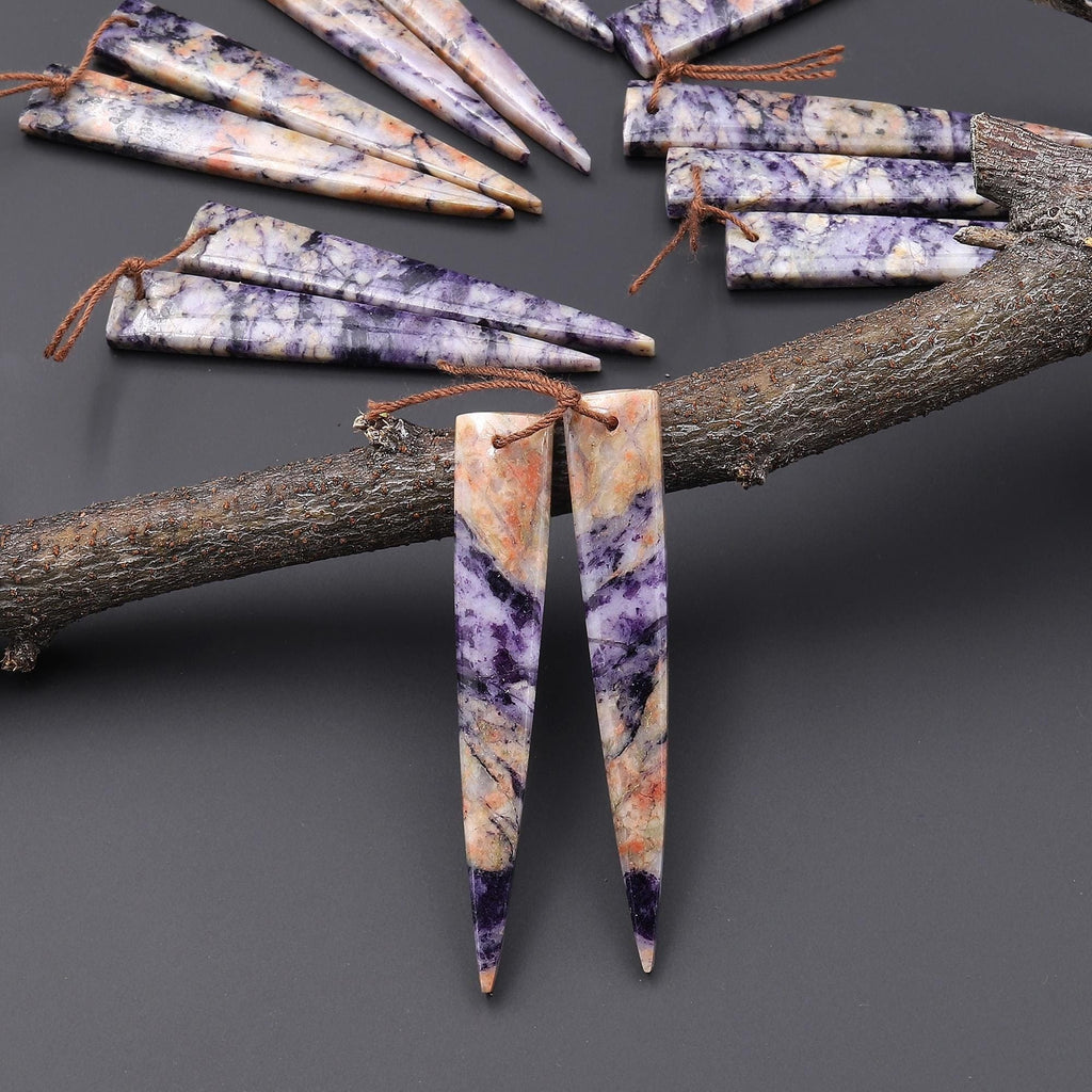Natural Purple Brecciated Jasper Earring Pair Long Dagger Triangle Cabochon Cab Drilled Matched Beads A2