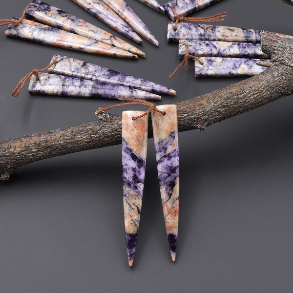 Natural Purple Brecciated Jasper Earring Pair Long Dagger Triangle Cabochon Cab Drilled Matched Beads A2