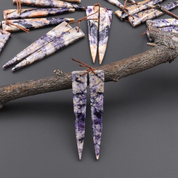 Natural Purple Brecciated Jasper Earring Pair Long Dagger Triangle Cabochon Cab Drilled Matched Beads A18