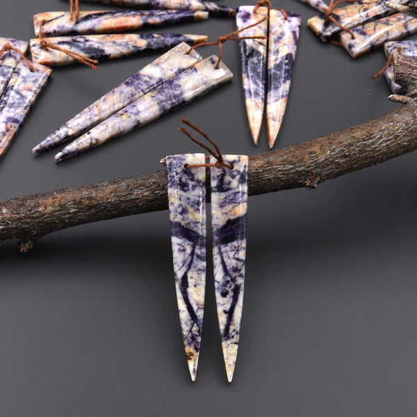 Natural Purple Brecciated Jasper Earring Pair Long Dagger Triangle Cabochon Cab Drilled Matched Beads A14