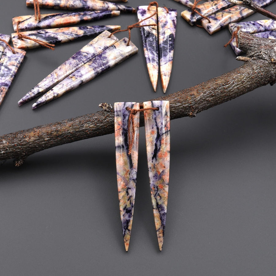 Natural Purple Brecciated Jasper Earring Pair Long Dagger Triangle Cabochon Cab Drilled Matched Beads
