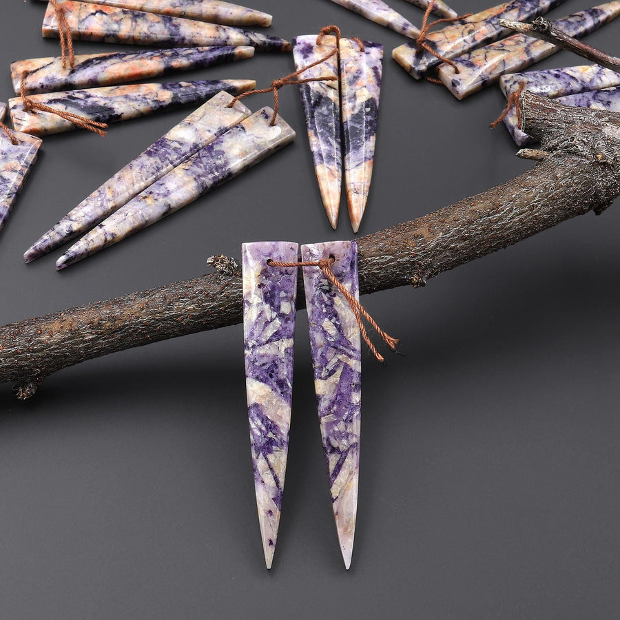 Natural Purple Brecciated Jasper Earring Pair Long Dagger Triangle Cabochon Cab Drilled Matched Beads