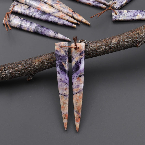 Natural Purple Brecciated Jasper Earring Pair Long Dagger Triangle Cabochon Cab Drilled Matched Beads