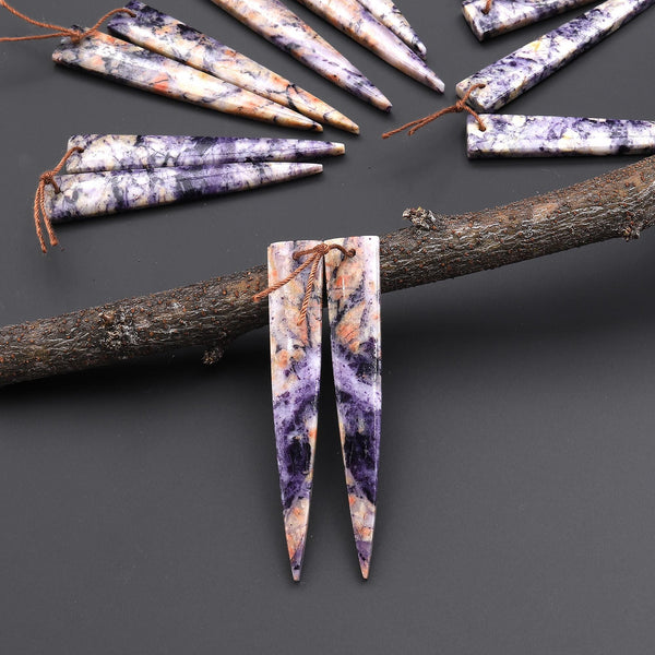 Natural Purple Brecciated Jasper Earring Pair Long Dagger Triangle Cabochon Cab Drilled Matched Beads A6