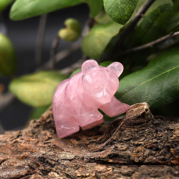 Hand-Carved Natural Pink Rose Quartz Bear Figurine Crystal Miniature 2"