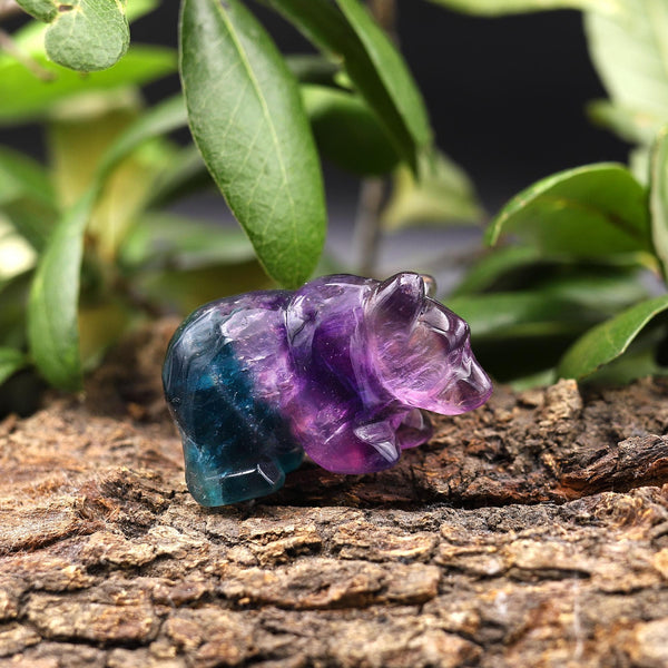 Hand-Carved Natural Fluorite Bear Figurine Crystal Miniature 2"