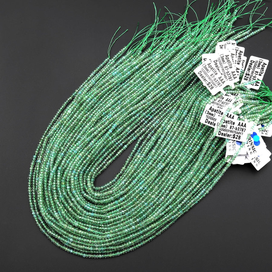 Rare Faceted Natural Green Apatite 3mm Rondelle Beads 15.5" Strand
