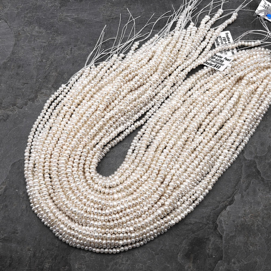 Genuine White Freshwater Pearl 4mm Potato Rondelle Beads Shimmery Iridescent Classic Pearl 14" Strand