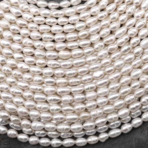 Genuine White Freshwater Potato Oval Rice 6x4mm Pearl Shimmery Iridescent Classic White Pearl 14" Strand