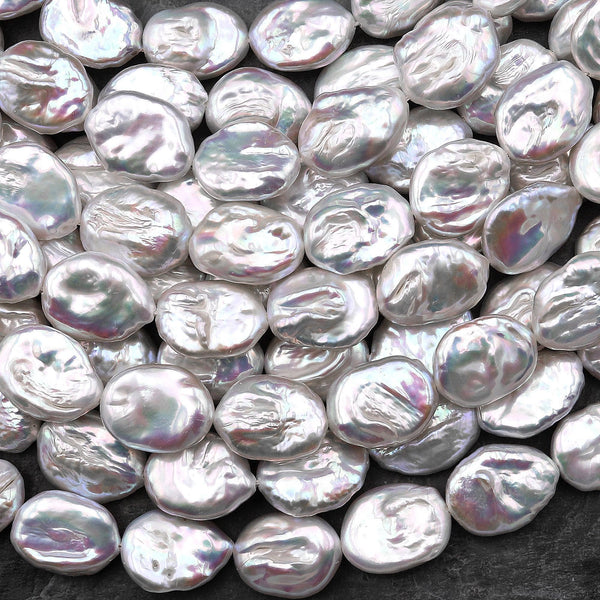 AAA Natural White Oval Coin Pearl Iridescent High Quality Real Genuine Freshwater Pearls 15.5" Strand