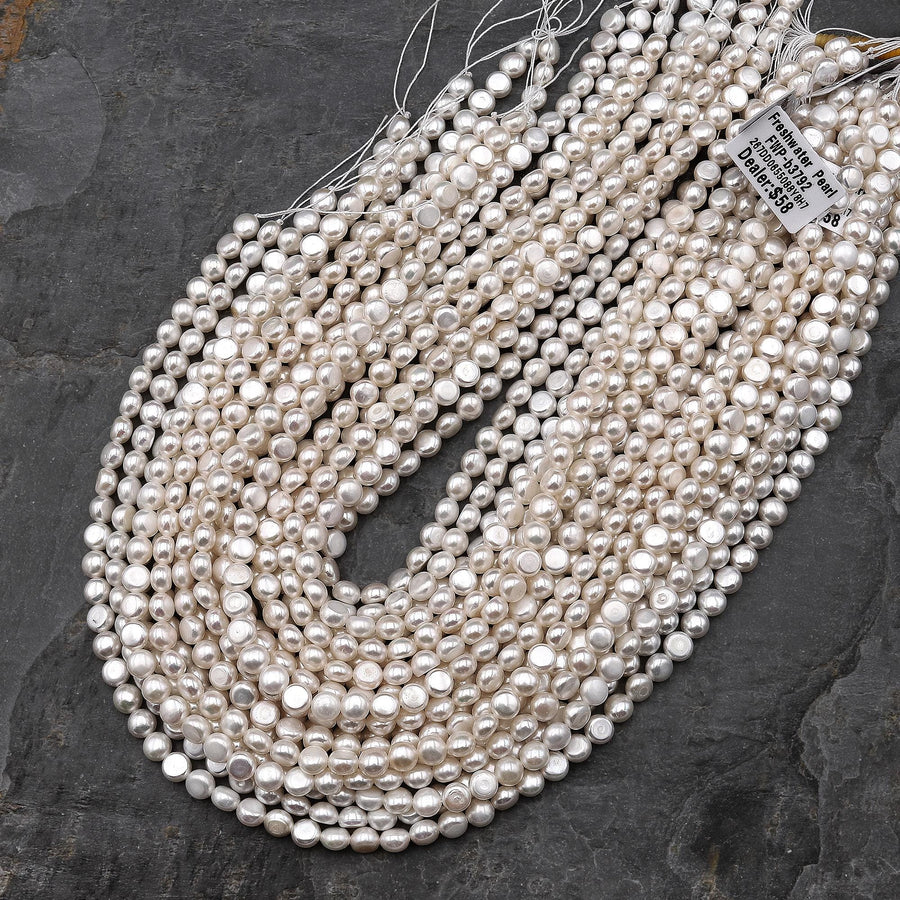 AAA Natural White Freshwater Pearl 6mm Flat Coin Button Circle Round Beads 15.5" Strand