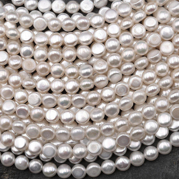 AAA Natural White Freshwater Pearl 6mm Flat Coin Button Circle Round Beads 15.5" Strand