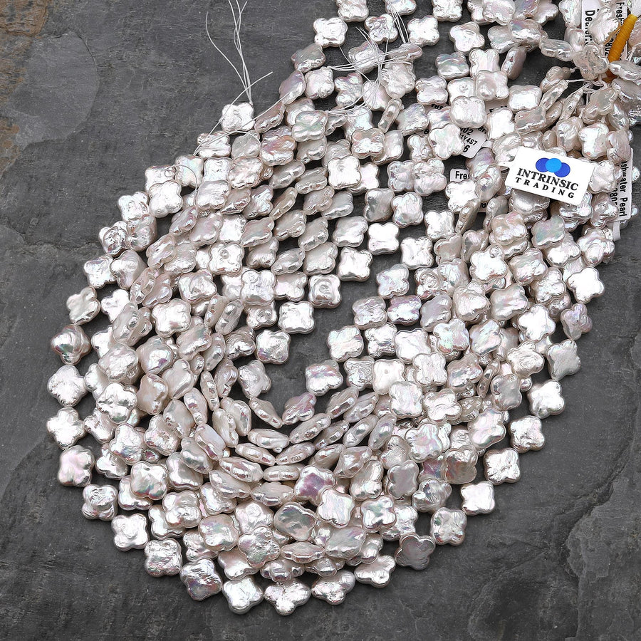 Real Genuine Natural White Freshwater Pearl Lucky 4 Four Leaf Clover 12mm Beads Strand