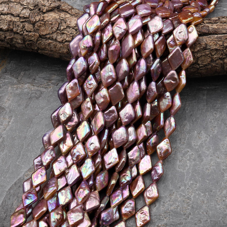 AAA Large Natural Metallic Mauve Pink Golden Peach Biwa Marquise Diamond Pearl 15.5" Strand