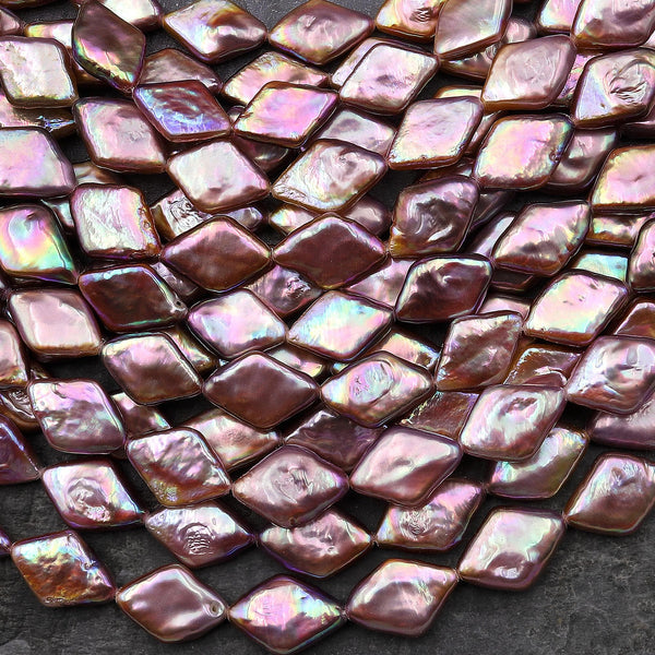 AAA Large Natural Metallic Mauve Pink Golden Peach Biwa Marquise Diamond Pearl 15.5" Strand