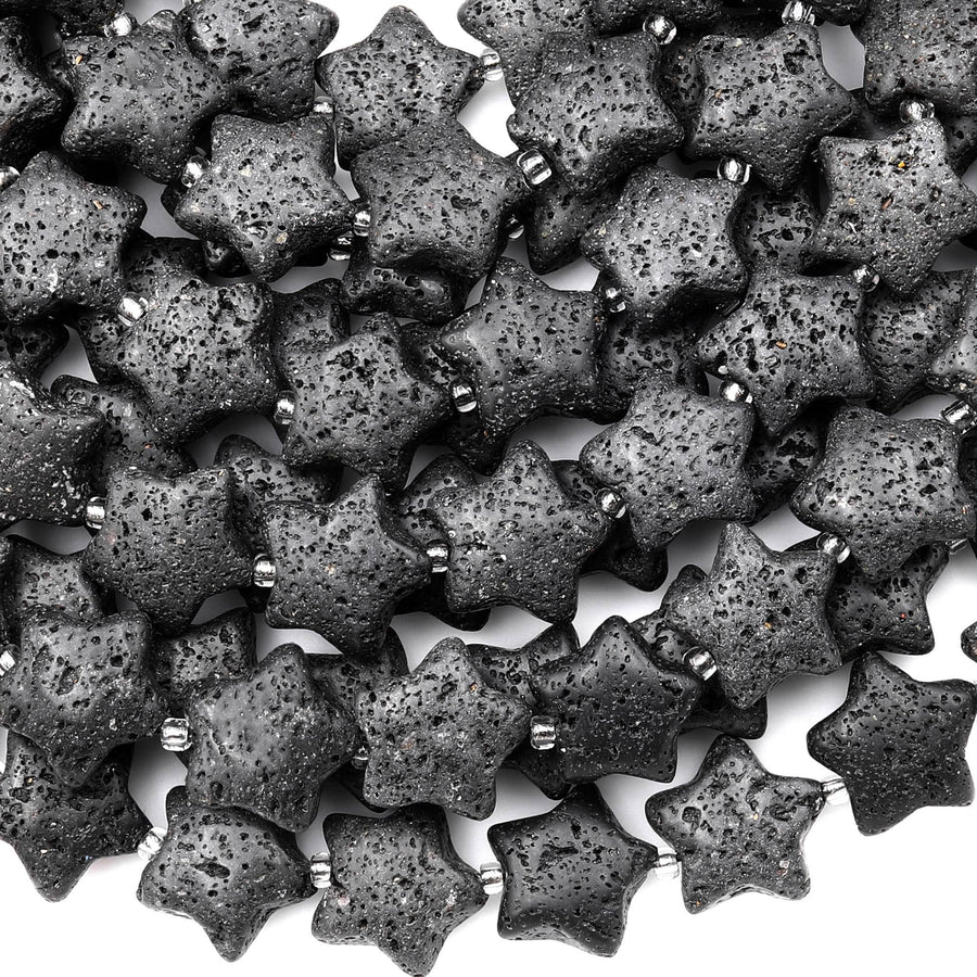 Natural Volcanic Black Lava Stone 16mm Star Beads 15.5" Strand