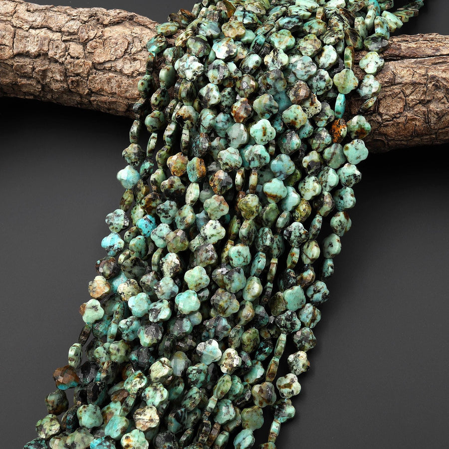 Lucky 4 Four Leaf Clover Faceted Beads Natural African Turquoise Carved 8mm Gemstone 15.5" Strand