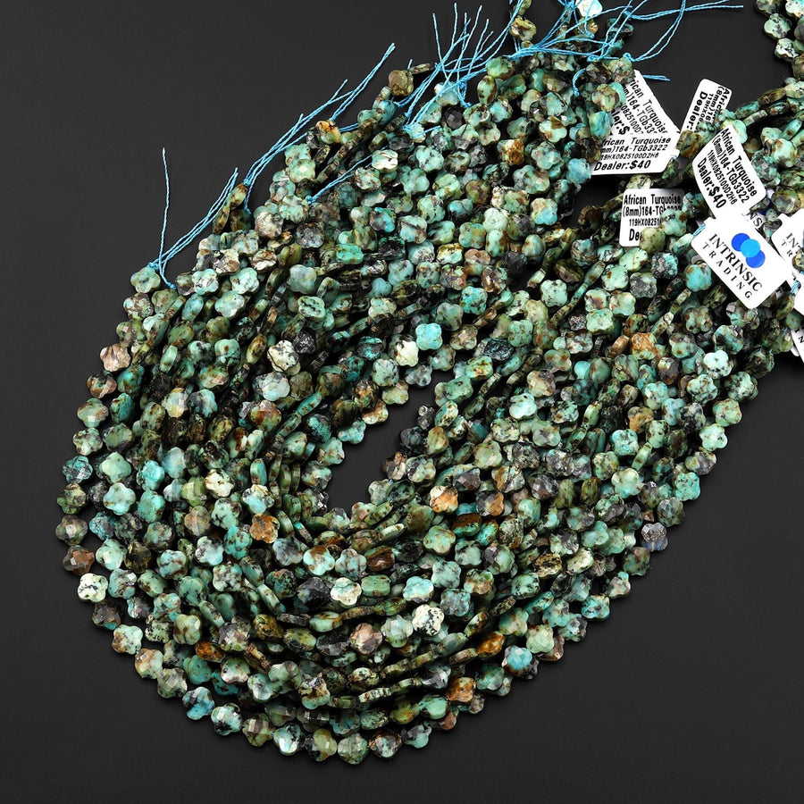 Lucky 4 Four Leaf Clover Faceted Beads Natural African Turquoise Carved 8mm Gemstone 15.5" Strand