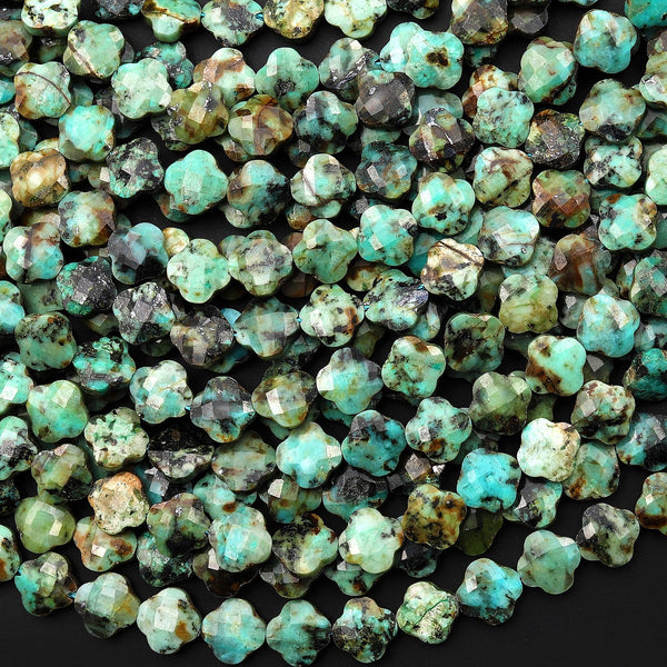 Lucky 4 Four Leaf Clover Faceted Beads Natural African Turquoise Carved 8mm Gemstone 15.5" Strand