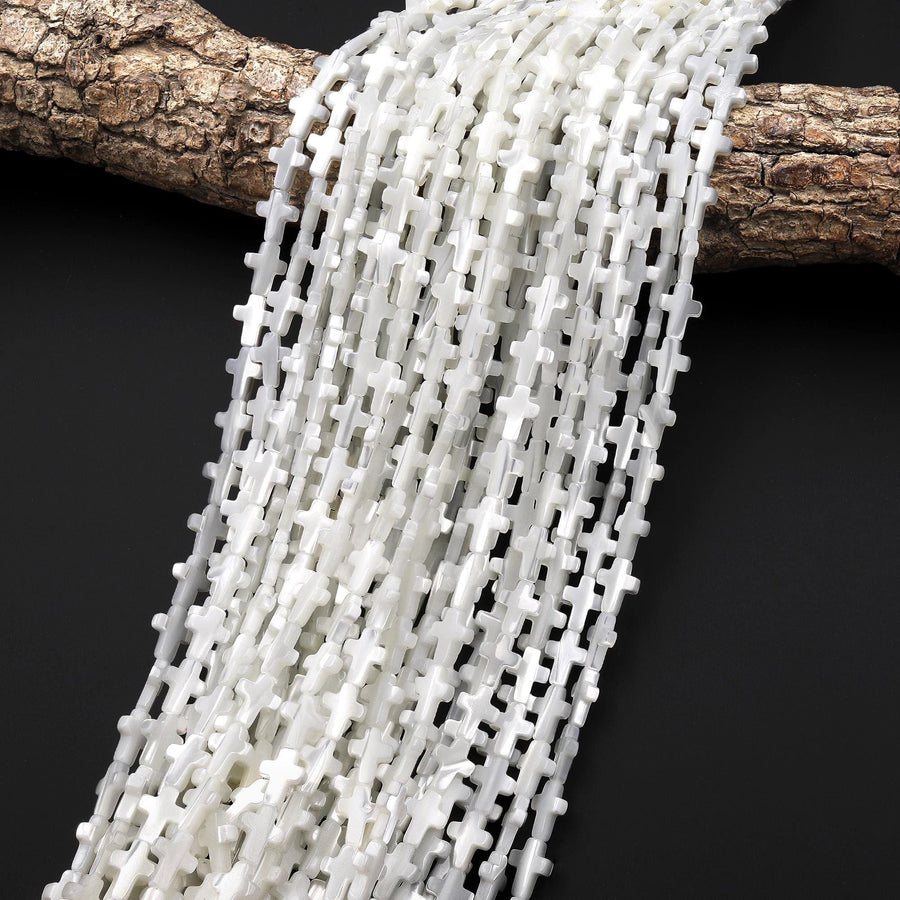AAA Iridescent Carved Natural White Mother of Pearl Shell Corss Beads Vertically Drilled 15.5" Strand