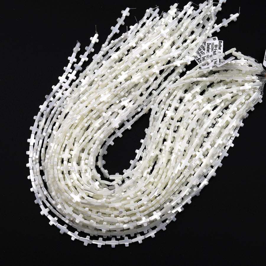 AAA Iridescent Carved Natural White Mother of Pearl Shell Corss Beads Vertically Drilled 15.5" Strand