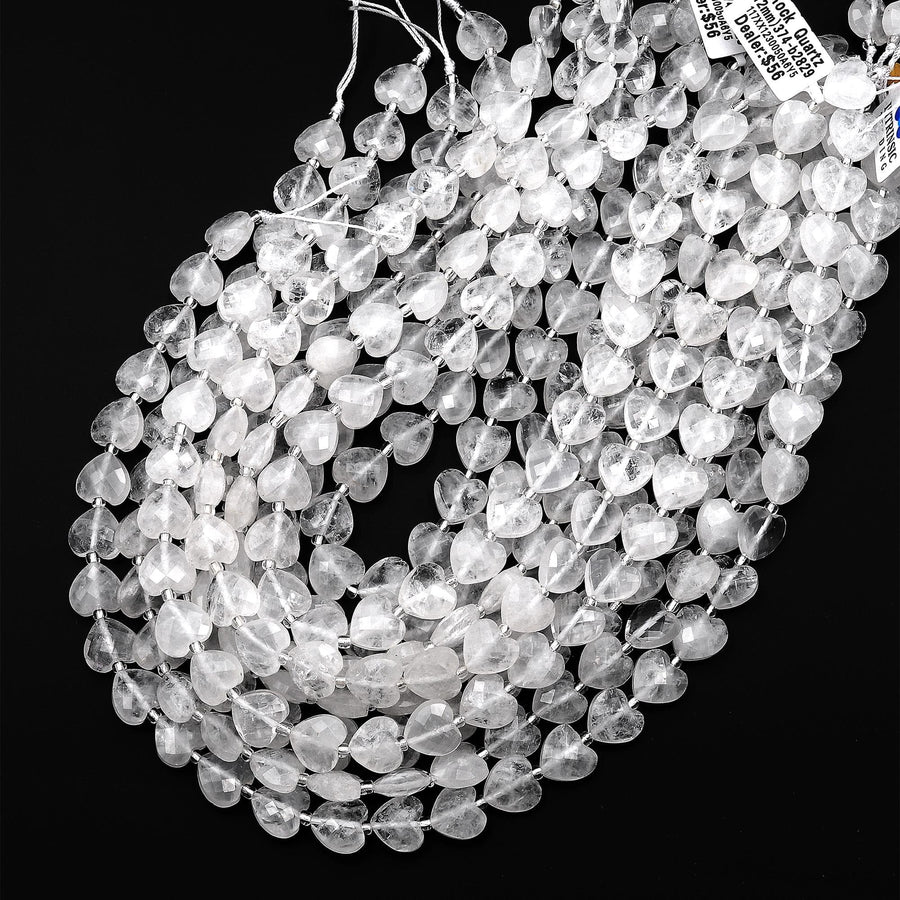 Icy Natural Rock Quartz Crystal Faceted Heart Beads 12mm Gemstone 15.5" Strand