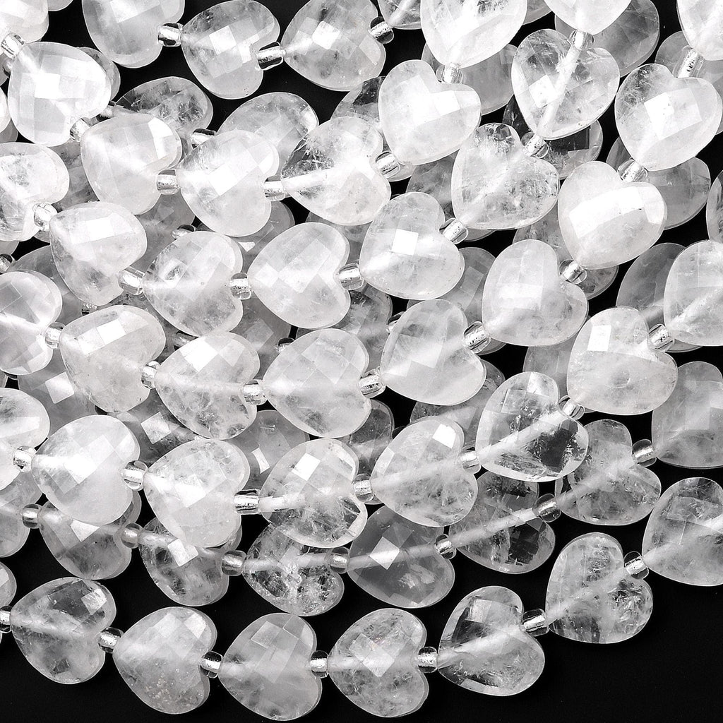 Icy Natural Rock Quartz Crystal Faceted Heart Beads 12mm Gemstone 15.5" Strand