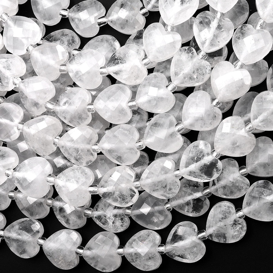 Icy Natural Rock Quartz Crystal Faceted Heart Beads 12mm Gemstone 15.5" Strand