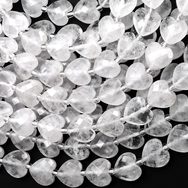 Icy Natural Rock Quartz Crystal Faceted Heart Beads 12mm Gemstone 15.5" Strand