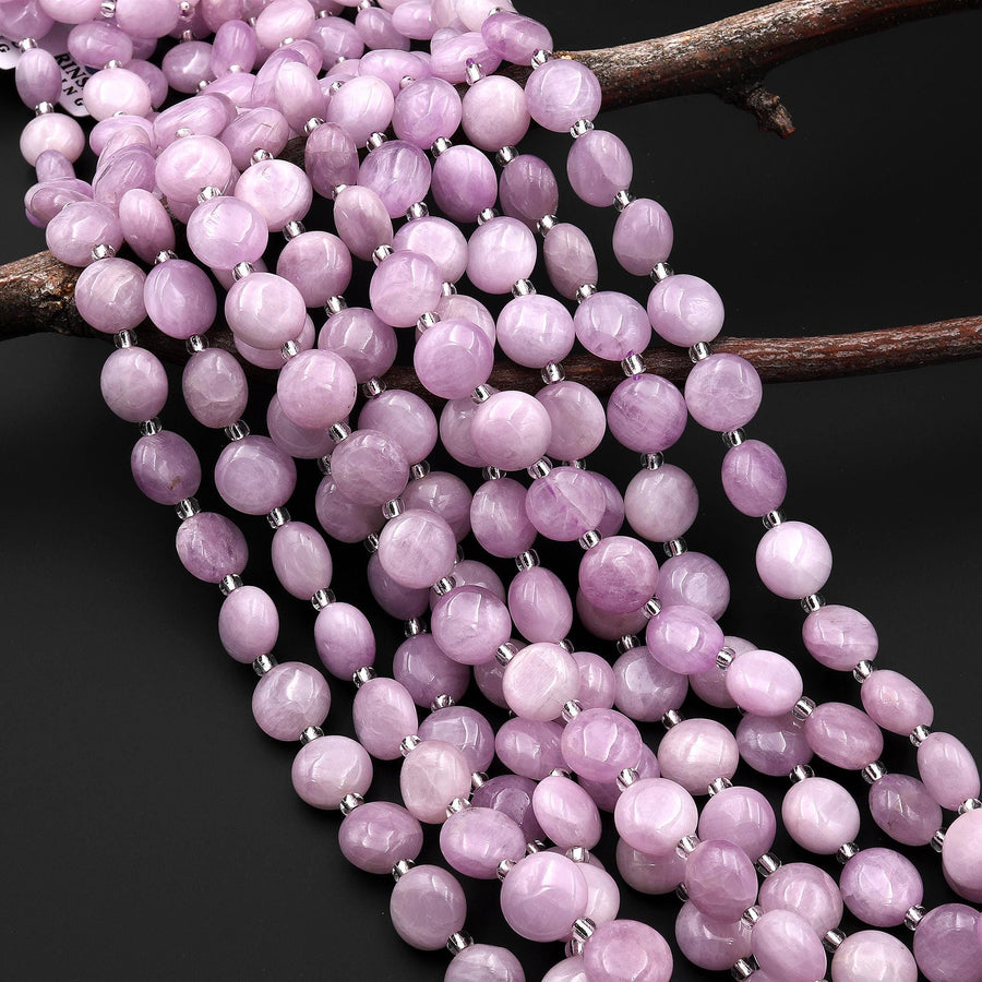 AAA Natural Kunzite Smooth 10mm Coin Beads Lilac Pink Purple Gemstone 15.5" Strand