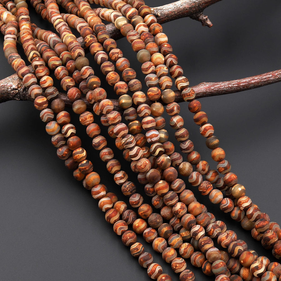 Tibetan Agate 6mm Round Beads Dzi Agate Brown Etched Wavy Line Matte Mala Antique Boho Style 15.5" Strand
