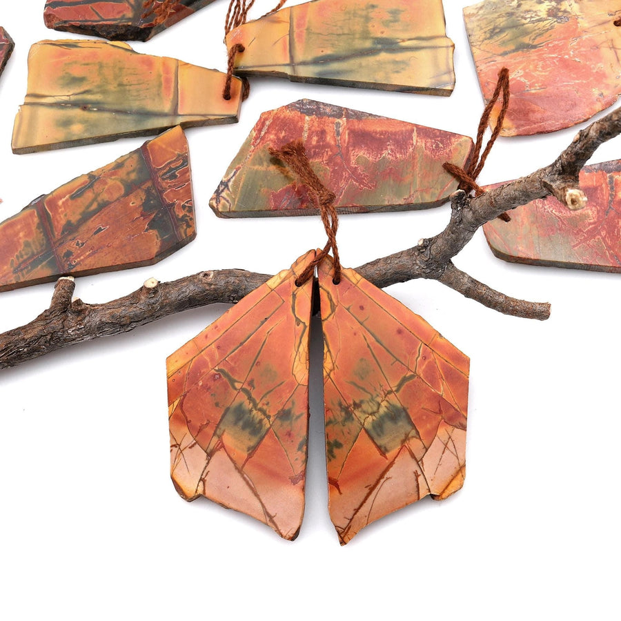 Handcut Natural Red Creek Jasper Large Flat Irregular Freeform Earring Cab Pair Drilled Matched Gemstone Bead Pair