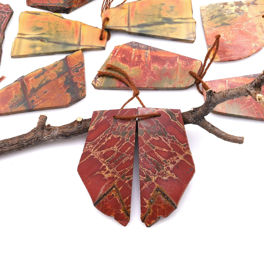 Handcut Natural Red Creek Jasper Large Flat Irregular Freeform Earring Cab Pair Drilled Matched Gemstone Bead Pair