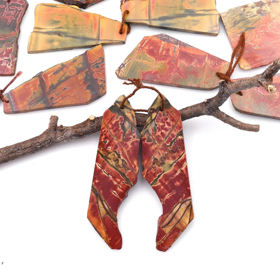 Handcut Natural Red Creek Jasper Large Flat Irregular Freeform Earring Cab Pair Drilled Matched Gemstone Bead Pair