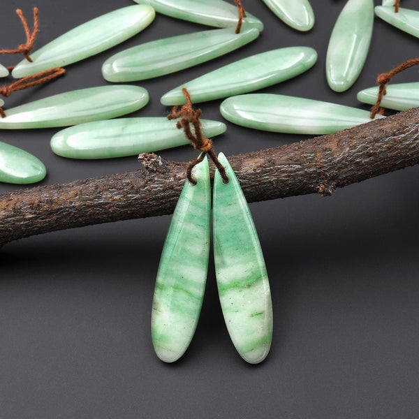 Icy Natural Brazilian Green Jade Earring Pair Teardrop Cabochon Cab Drilled Matched Gemstone Bead Pair A11