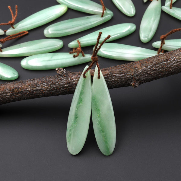 Icy Natural Brazilian Green Jade Earring Pair Teardrop Cabochon Cab Drilled Matched Gemstone Bead Pair A44