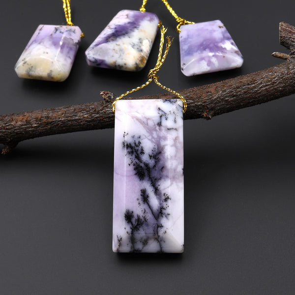 Rare Natural Oregon Purple Plume Agate Long Faceted Rectangle Side Drilled Pendant A4