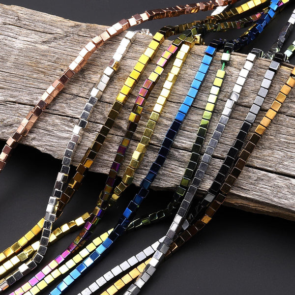 Titanium Hematite 2mm Cube Beads Small Spacer Silver Gold Bronze Gunmetal Black Blue Green 15.5" Strand